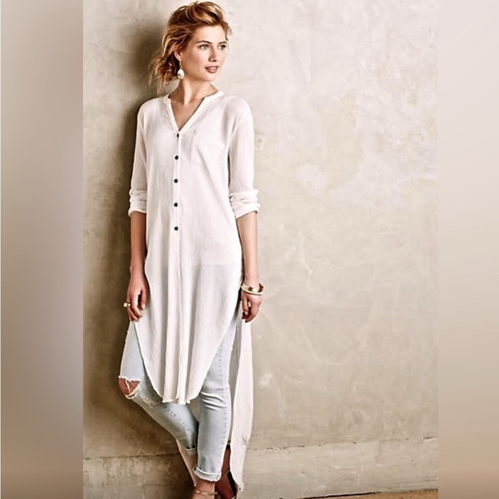 Anthropologie Holding Horses White Gauze Cotton Long Button Down Tunic Dress